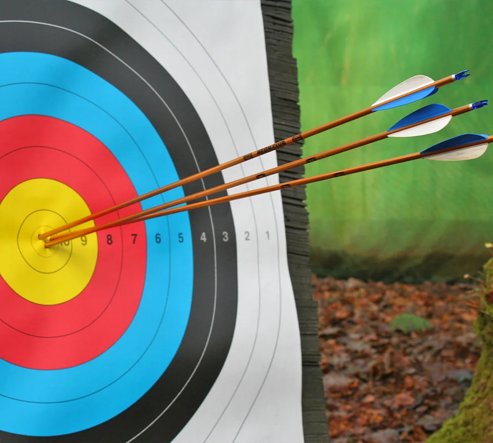 Archery target with three arrows in the bullseye