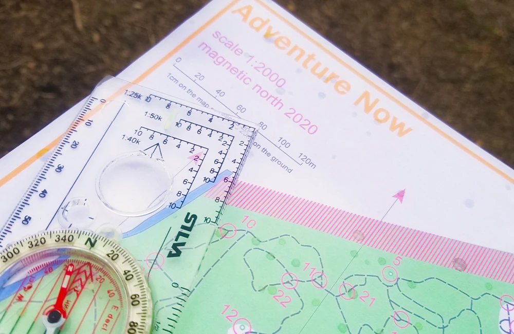 Orienteering map of the Adventure Now Woodland in Manchester with a compass