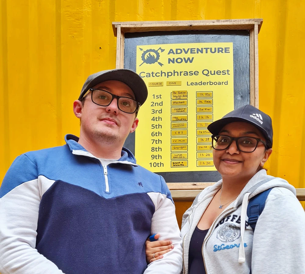 A couple who completed the Catchphrase Quest course at Adventure Now Manchester