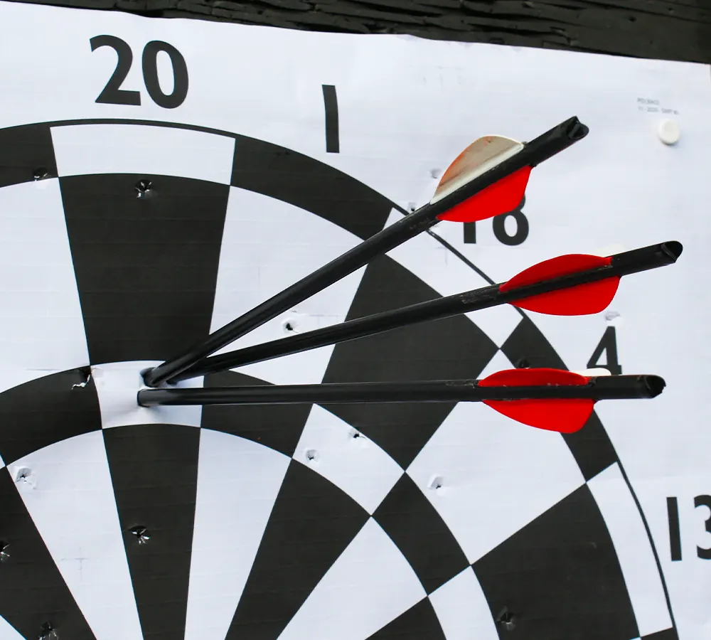 Dartboard crossbow target with three crossbow bolts stuck in the triple 20 score