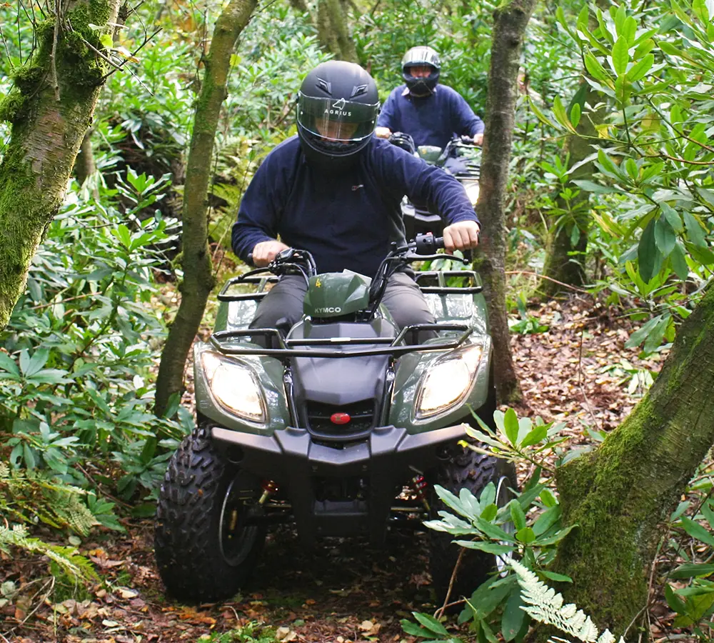 Person wearing crash helmet driving between two trees in a bushy wooodland