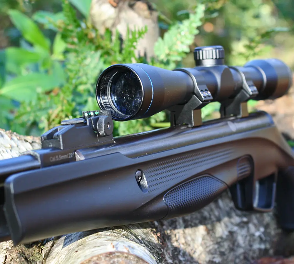 Closeup photo showing iron sights and telescopic sights on a .22 air rifle