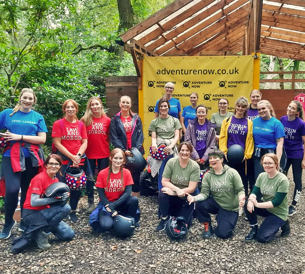 Large group of girls on a hen party at Adventure Now Manchester after doing quad biking